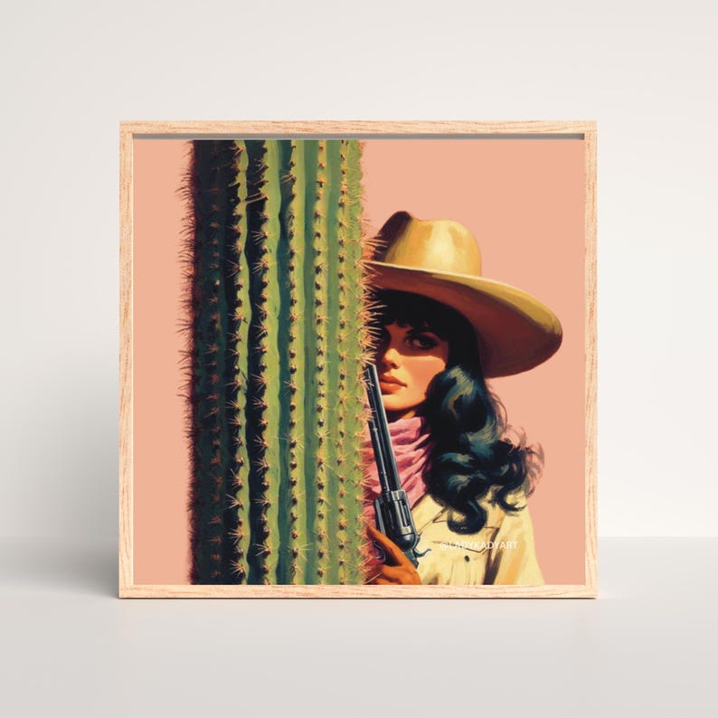 Retro Cowgirl Art Print: Sharp Shooter with Cactus image 2