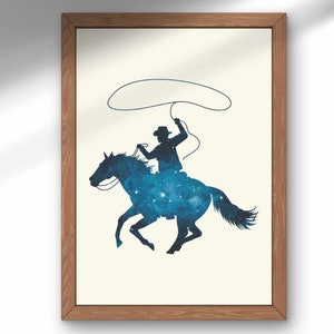 Space Cowboy Print, Midnight Blue Cowboy Art, Western PRINTABLE Art, Boho Cowboy Poster, Bucking Bronco Art, Cowboy Theme Nursery Art Print