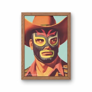 Luchador Cowboy Art Print, Vintage Southwestern Art Print, Western Art Print, Lucha Libre Gift, Mexican Wrestling Mask Wall Decor