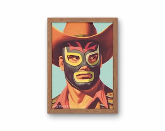 Luchador Cowboy Art Print, Vintage Southwestern Art Print, Western Art Print, Lucha Libre Gift, Mexican Wrestling Mask Wall Decor