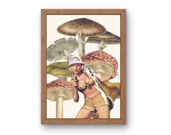 Mushroom Hunter Surreal Collage Art Print: Retro Futurism Wall Decor