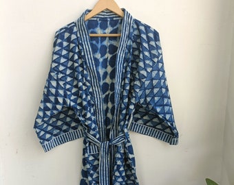 Indian Indigo Print Cotton Kimono, Bath robe, Handblock Cotton Kimono, Block Print Kimono, Japanese Robe, Wrap Dress, Gift for her