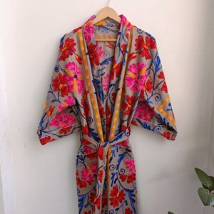 Embroidery Print Cotton Kimono, Winters Kimono, Kimono jacket, Japanese Robe, Bridesmaid Robe, Gift for her, House Coat Kimono, Wrap Dress