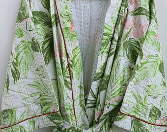 Bata kimono de algodón con estampado de pájaros hecha a mano en la India, kimono Kantha, kimono de playa, bata de baño, vestido cruzado, vestido kimono largo, vestido con estampado de bloques,