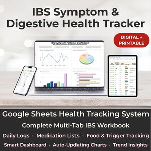 Op de afbeelding: Een digitale en printbare IBS-symptoom- en spijsverteringsgezondheidstracker. De afbeelding toont een laptop, smartphone en tablet met grafieken en gegevens. Tekst bevat "Google Sheets Health Tracking System" en "Complete Multi-Tab IBS Workbook."