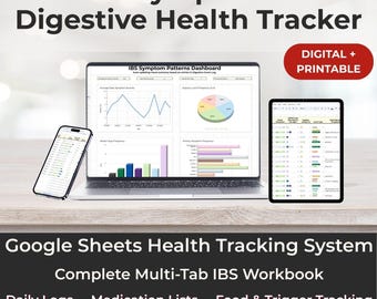 Könnte beinhalten: Ein digitaler und druckbarer IBS-Symptom- und Verdauungs-Gesundheitstracker. Das Bild zeigt einen Laptop, ein Smartphone und ein Tablet, die Diagramme und Daten anzeigen. Der Text enthält "Google Sheets Health Tracking System".