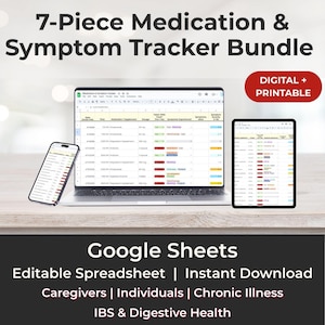 Op de afbeelding: Een digitale en afdrukbare 7-delige Medication & Symptom Tracker Bundle. De afbeelding toont een laptop, tablet en smartphone met een spreadsheet. De tekst bevat "DIGITAL + PRINTABLE" en "Google Sheets". De bundel is voor zorgverleners, individuen en chronische ziekten.