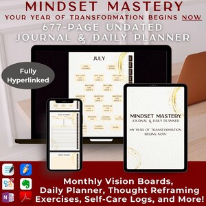May include: A digital planner with the text "Mindset Mastery" and "Your Year of Transformation Begins Now." The image shows a laptop, phone, and tablet displaying planner pages. The planner includes monthly vision boards, daily planning, and self-care logs.