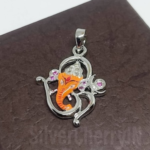 Sterling Silver Ganesh Pendant: Ruby, Diamond, and Minakari Detail