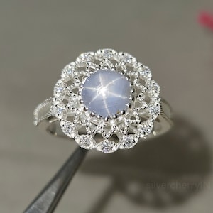Natural White Star Sapphire Ring: Moissanite, 925 Sterling Silver