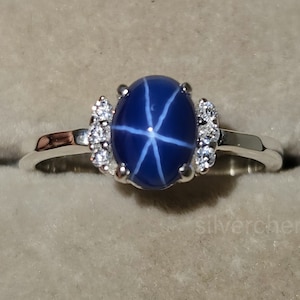 Blue Lindy Star Sapphire Ring, 6 Rays Star Sapphire Ring, Gift For Mother, 925 Sterling Silver Ring, 6×8mm Gemstone Ring, Gift for Women