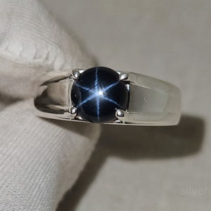 Men&#39;s Genuine Blue Star Sapphire Ring, Blue Lindy Star Sapphire , 6 Rays Star Sapphire Ring, Silver Ring, Star Gemstone Ring, Gift For him