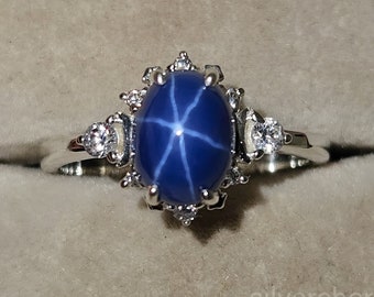 Art Deco 14K White Gold Star Sapphire Ring: CZ Diamond Bridal Ring