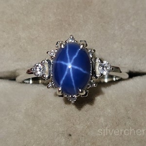 Lindy Blue Star Sapphire Ring 14K White Gold Blue Gemstone Wedding Ring Art Deco Bridal Promise Ring Women Anniversary Gifts  For Women