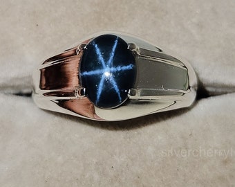 Men's 100% Genuine Blue Star Sapphire Ring, Blue Star Sapphire , 6 Rays Star Sapphire Ring, Silver Ring, Star Gemstone Ring, Gift For him