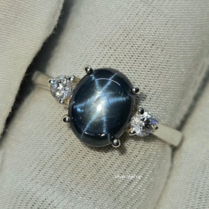 Natural Blue Star Sapphire Ring, 14k White Gold, Moissanite Accents