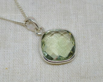 Natural Green Amethyst Pendant, Square Gemstone Pendant, 925 Sterling Silver, Minimalist Pendant, Birthstone Pendant, Gift for Her.