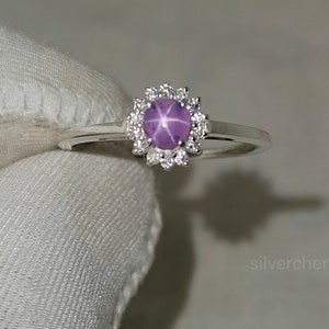 Genuine Pink Star Sapphire Ring, Engagement Ring, 14K White Gold Ring, Promise Ring, Propose Ring, Anniversary gift, Birthday gift for Her