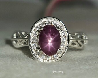 Star Ruby Sterling Silver Ring: Vintage Style, Moissanite Accents