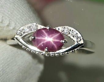 Natural Star Ruby Ring: 925 Sterling Silver, Moissanite Accents