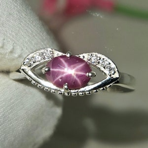 Natural Star Ruby Ring: 925 Sterling Silver, Moissanite Accents