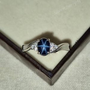 Natural Blue Star Sapphire Ring, 14k White Gold, Moissanite Accents