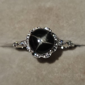 Black Star Sapphire Ring: Sterling Silver Floral Design