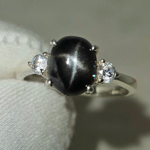 Natural Black Star Sapphire Ring, 14k White gold & Silver ring, 4 Ray Black Star Sapphire Ring, Anniversary Gift, Propose ring, Gift for own