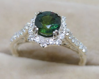 Olive Green Sapphire Engagement Ring: 14k White Gold, Moissanite Diamond