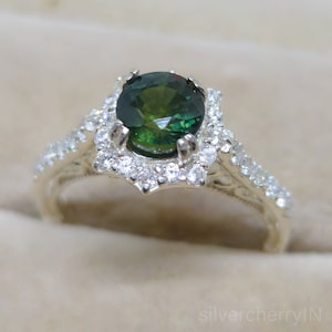 Olive Green Sapphire Engagement Ring: 14k White Gold, Moissanite Diamond