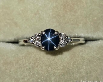 Vintage 14k Genuine White Gold Blue Star Sapphire Ring with Moissanite