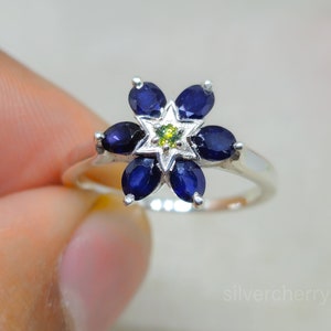 Blue Sapphire Flower Ring: 14K Gold September Birthstone