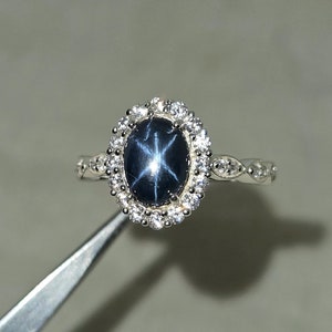 Genuine Star Sapphire Ring, 14k White Gold ring Natural Blue Sapphire ring, September Birthstone ring Gift For Her Propose ring Gift for own