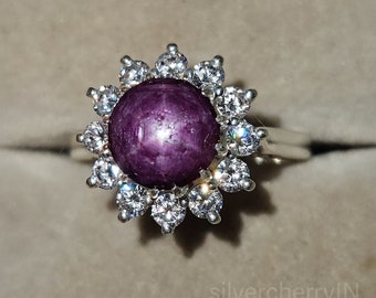 Bague rubis étoilé naturel : grappe de diamants CZ en argent sterling