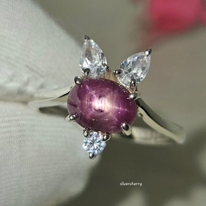Dainty Star Ruby Ring: 14k Gold & Sterling Silver, Moissanite Accents