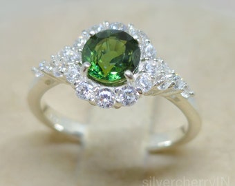 Real Green Sapphire Engagement Ring: 14k White Gold Diamond Halo, September Birthstone