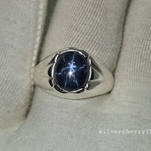 Men&#39;s Genuine Blue Star Sapphire Ring, Blue Lindy Star Sapphire , 6 Rays Star Sapphire Ring, Silver Ring, Star Gemstone Ring, Gift For him
