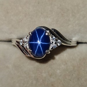 Blue Star Sapphire Ring: Sterling Silver, CZ Diamond Accents