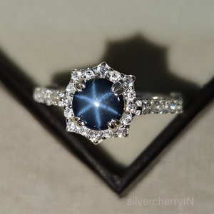 Natural Blue Star Sapphire Ring, 14k White Gold ring, Genuine Star Sapphire ring, Natural Gemstone ring, Gift For Her, Gift for Own