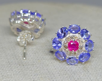 Natural Tanzanite Stud Earrings: 14k White Gold Ruby Gemstone Jewelry
