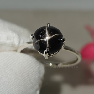 Natural Black Star Sapphire Ring, Black Star Ring, 925 Sterling Silver, Bridesmaid Gift her , Wedding Ring, Anniversary Gift, Gift For Own