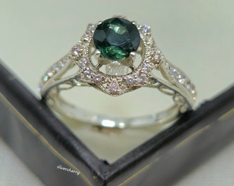 Natural Green Sapphire Ring: 14k White Gold, Moissanite Accents