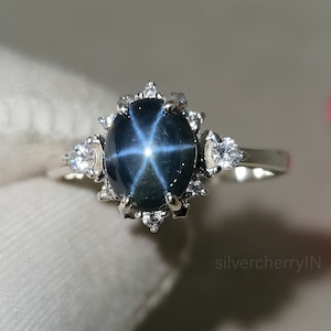 Genuine Star Sapphire Ring 14k White Gold ring Natural Blue Sapphire ring September Birthstone ring Gift For Her Statement ring Gift for own