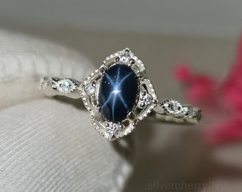Star Sapphire Diamond Ring - 14k White Gold Statement Ring