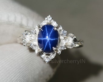 Art Deco Star Sapphire Ring: 14K White Gold & CZ Diamond