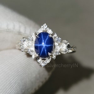 Lindy Blue Star Sapphire Ring 14K White Gold Blue Gemstone Wedding Ring Art Deco Bridal Promise Ring Women Anniversary Gifts  For Women