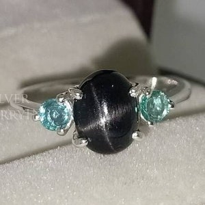 Black Star Sapphire & Emerald Ring: Sterling Silver Wedding Jewelry
