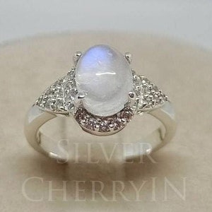 Rainbow Moonstone Ring: 925 Sterling Silver, CZ Diamond Accents