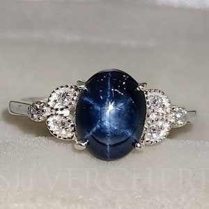 Natural Blue Star Sapphire Ring, Sterling Silver, Mossanite Accents