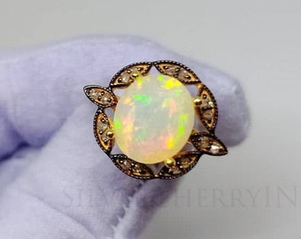 Vintage Opal 925 Silver Ring: Diamond Simulants, October Birthstone